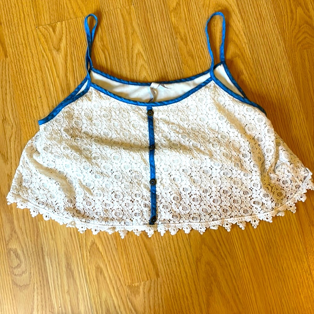 Blue and off white lace crop top